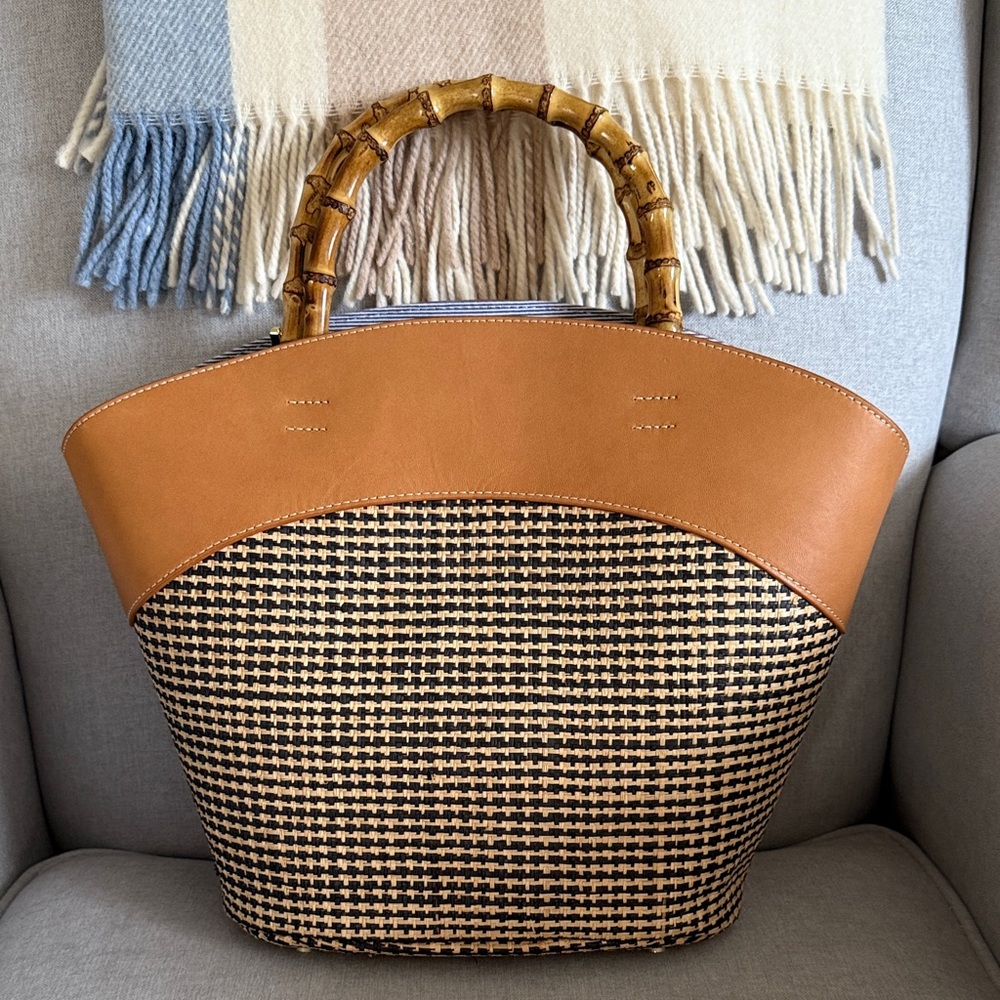 New J. McLaughlin Tan and Black bag with bamboo handles